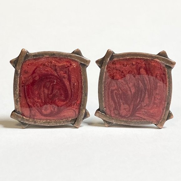 Vintage Copper Enamel Clip On Earrings Orange Red Swirl Artisan Unsigned - Picture 1 of 10